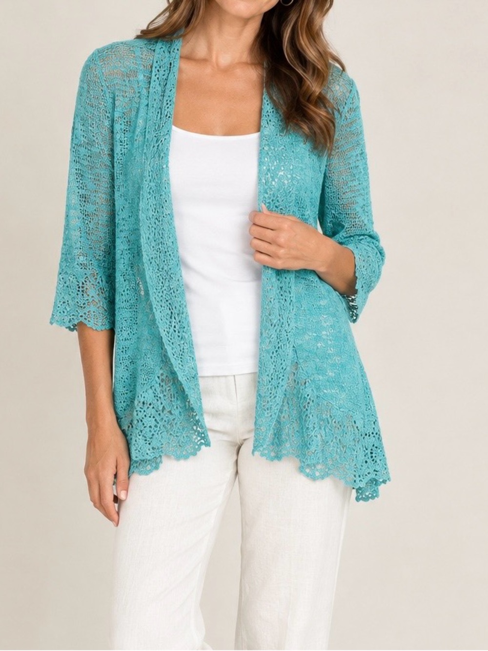 Roz & Ali Turquoise Knit Cardigan Women’s Size M Open Front 3/4 Sleeve Lace